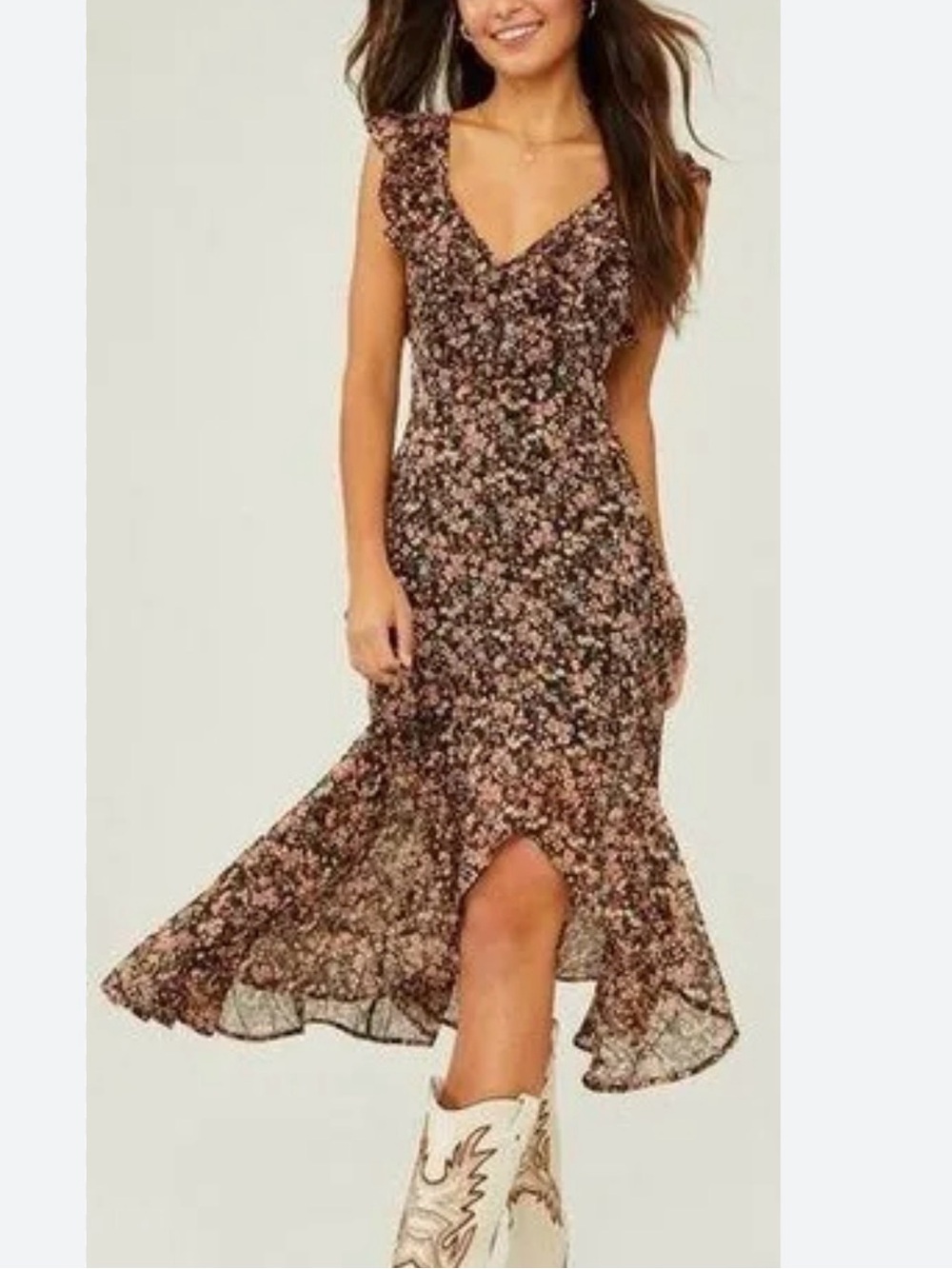Altar’d State XS Nilli Black Metallic Floral Ruffle High Low Midi Dress